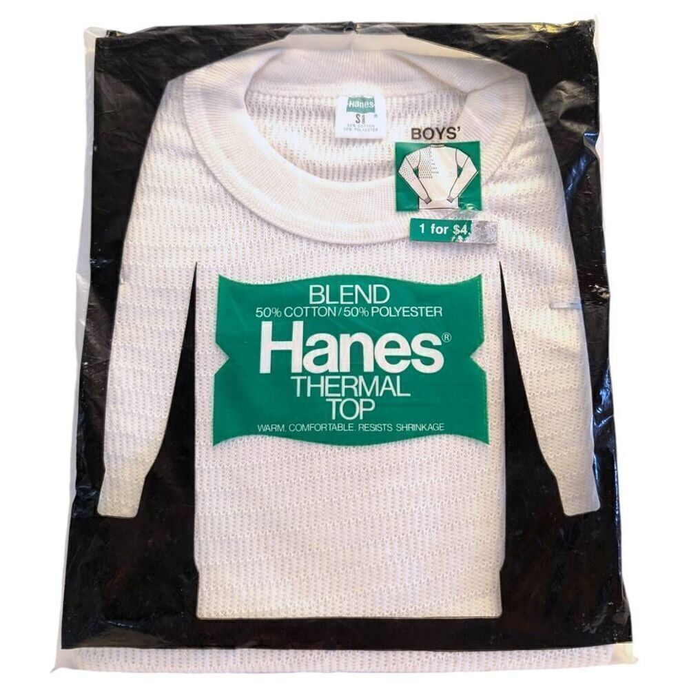 Hanes Boy's Vintage Thermal Top Size Small 6/8 NWT White Waffle NOS 90s 80s